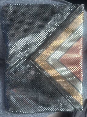 Whiting & Davis Black Metallic Sequin Envelope Clutch with Gold and Rose Accents